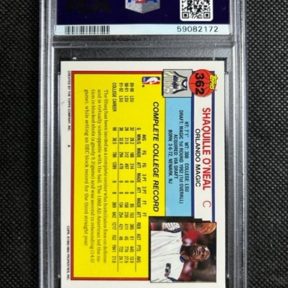 1992 Shaquille O'Neal Topps #362 RC Rookie Card PSA 10 GEM MINT Shaq HOF Lakers - Picture 2 of 2